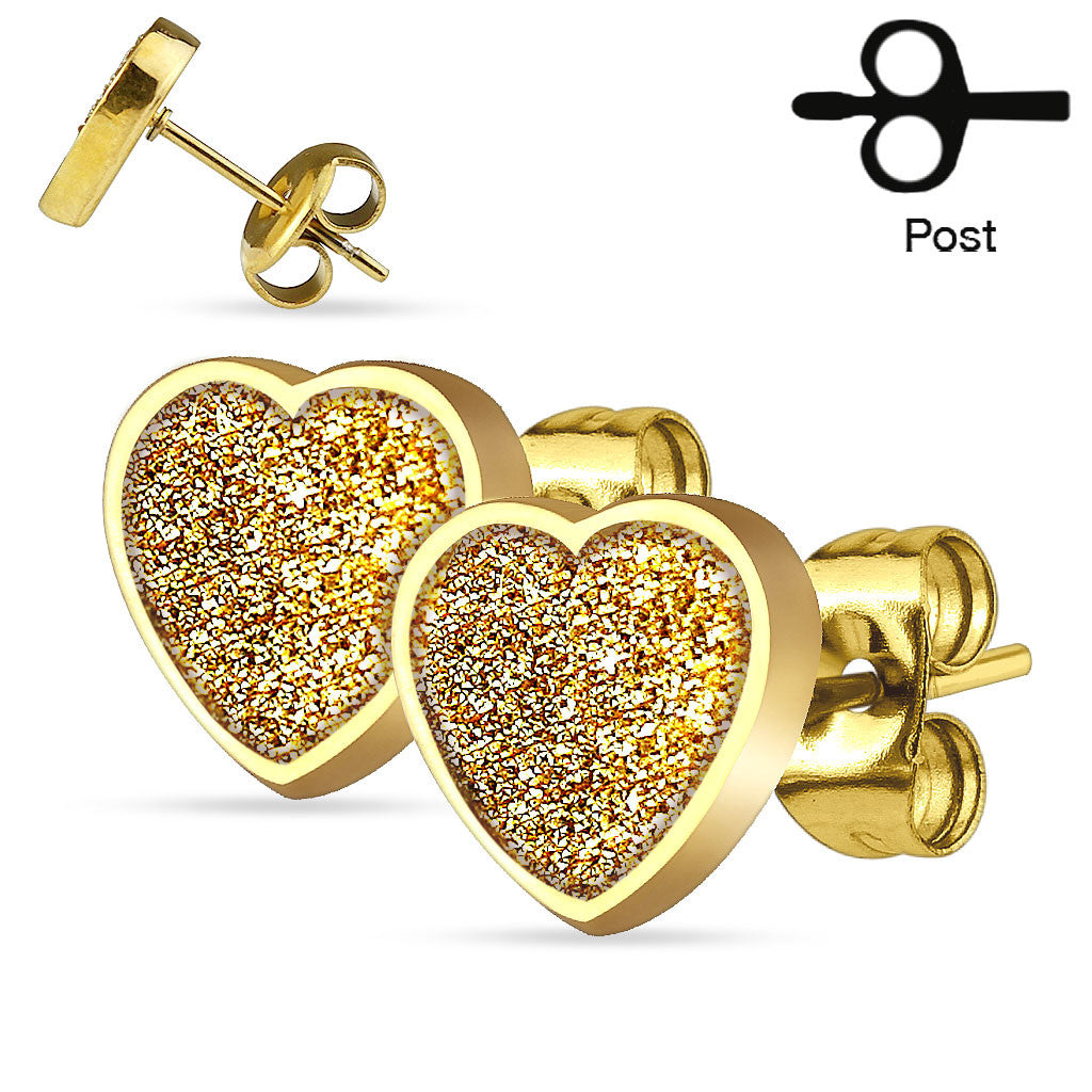 MJ-SEZHT Pair of 316L Stainless Steel Heart Sand Glitter Stud Earrings